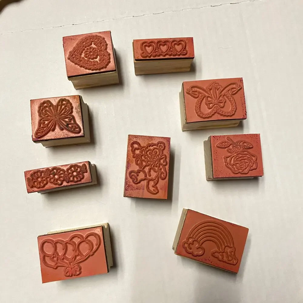 Bundle Lot of 15 Vintage Wood Stamps Heart Balloon Rainbow Butterfly Flower Bear